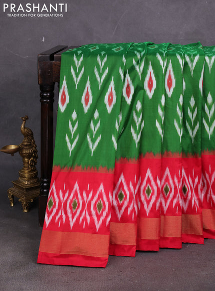 Pochampally silk saree green and red with allover ikat weaves and ikat zari woven border