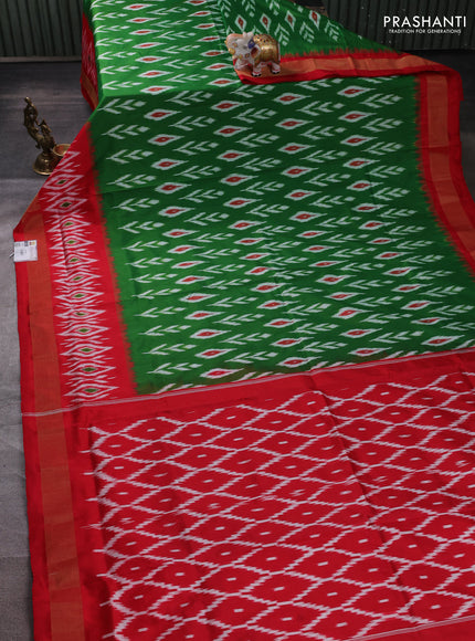 Pochampally silk saree green and red with allover ikat weaves and ikat zari woven border