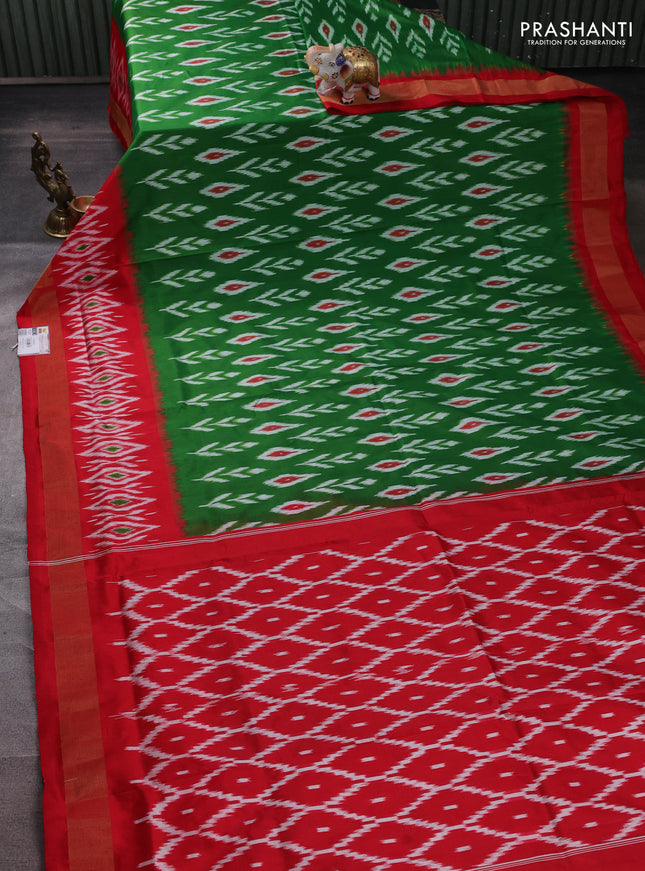Pochampally silk saree green and red with allover ikat weaves and ikat zari woven border