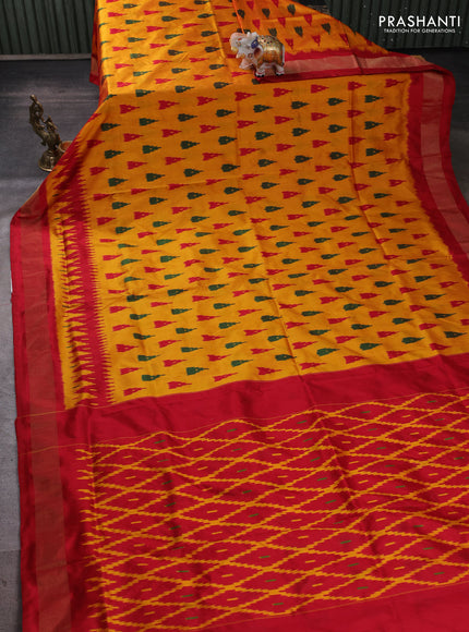 Pochampally silk saree sunset orange and red with allover ikat weaves and ikat zari woven border