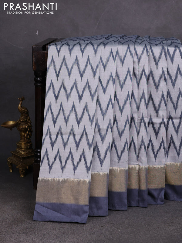 Pochampally silk saree grey with allover ikae weaves and ikat zari wovn border