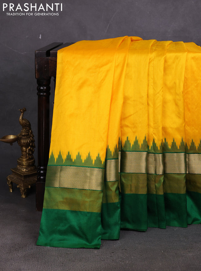 Pochampally silk saree mango yellow and green with plain body and ikat zari wovn border