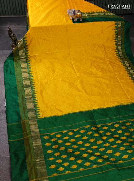 Pochampally silk saree mango yellow and green with plain body and ikat zari wovn border