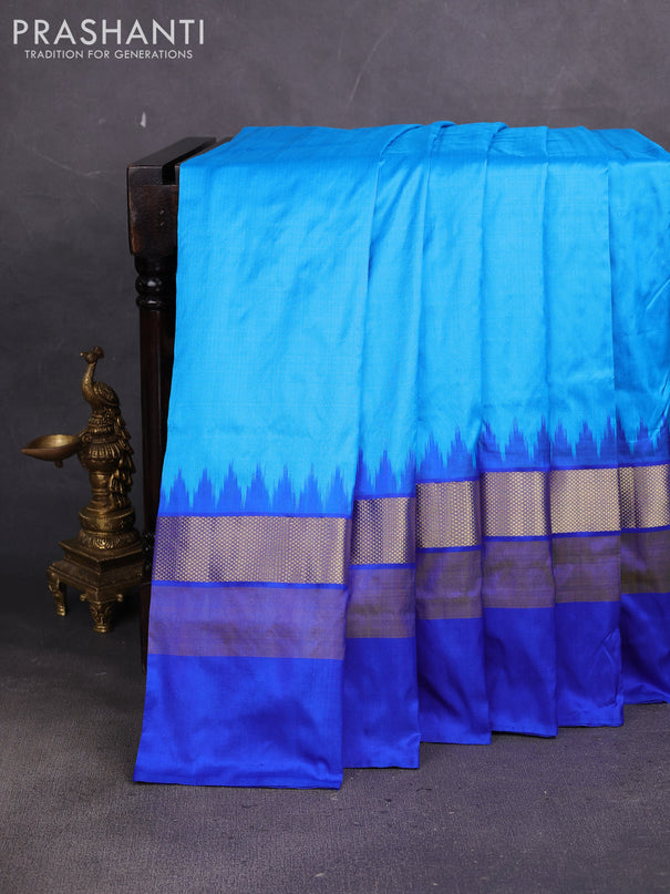 Pochampally silk saree teal blue and blue with plain body and ikat zari wovn border