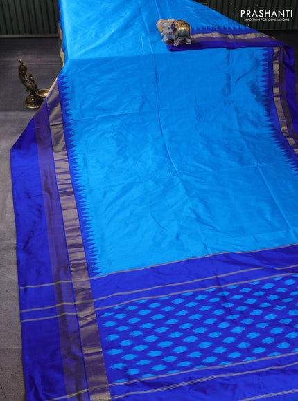 Pochampally silk saree teal blue and blue with plain body and ikat zari wovn border