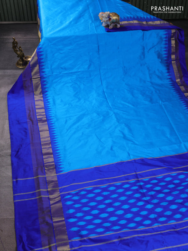 Pochampally silk saree teal blue and blue with plain body and ikat zari wovn border