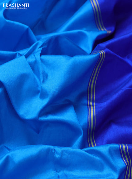 Pochampally silk saree teal blue and blue with plain body and ikat zari wovn border