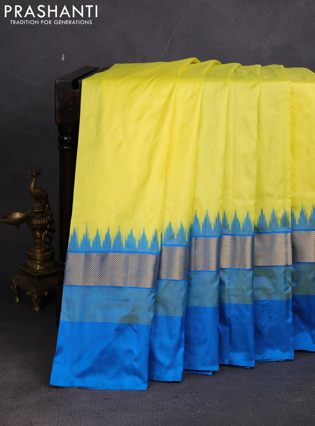 Pochampally silk saree lime yellow and cs blue with plain body and long ikat zari woven border