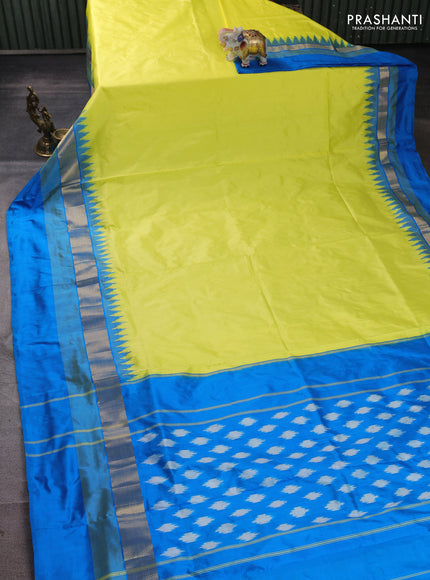 Pochampally silk saree lime yellow and cs blue with plain body and long ikat zari woven border