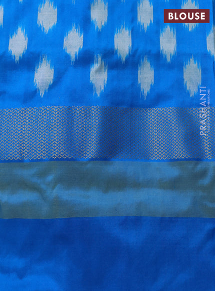 Pochampally silk saree lime yellow and cs blue with plain body and long ikat zari woven border