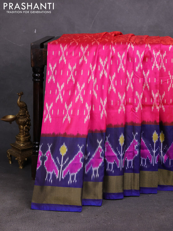 Pochampally silk saree pink and blue with allover ikat weaves and ikat zari woven border
