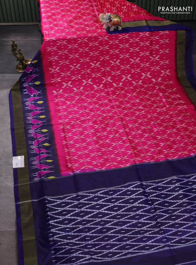 Pochampally silk saree pink and blue with allover ikat weaves and ikat zari woven border