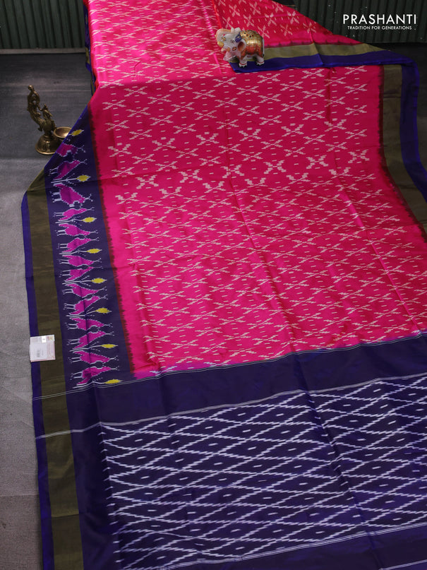 Pochampally silk saree pink and blue with allover ikat weaves and ikat zari woven border