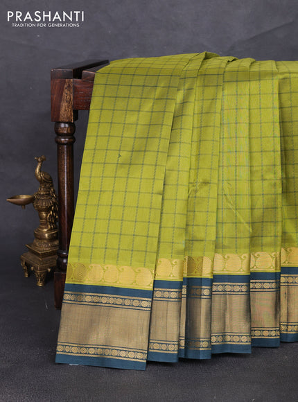 Silk cotton saree mehendi green and green with allover checked pattern and zari woven korvai border