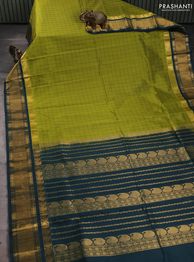 Silk cotton saree mehendi green and green with allover checked pattern and zari woven korvai border