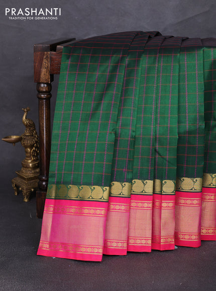 Silk cotton saree green and pink with allover checked pattern and zari woven korvai border