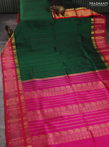 Silk cotton saree green and pink with allover checked pattern and zari woven korvai border