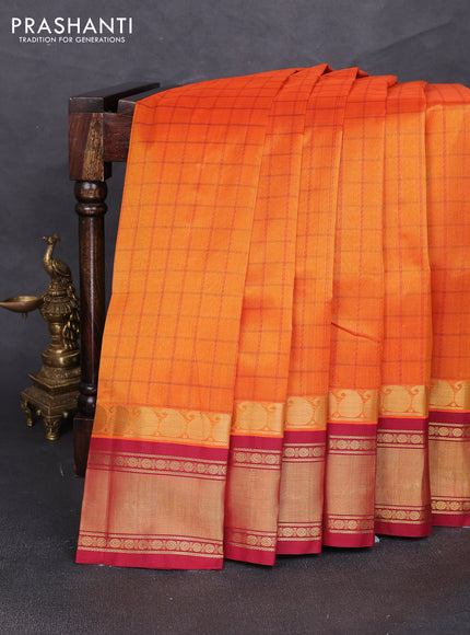 Silk cotton saree sunset orange and maroon with allover checked pattern and zari woven korvai border