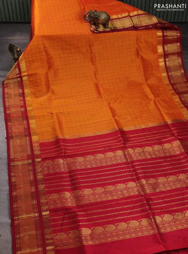 Silk cotton saree sunset orange and maroon with allover checked pattern and zari woven korvai border