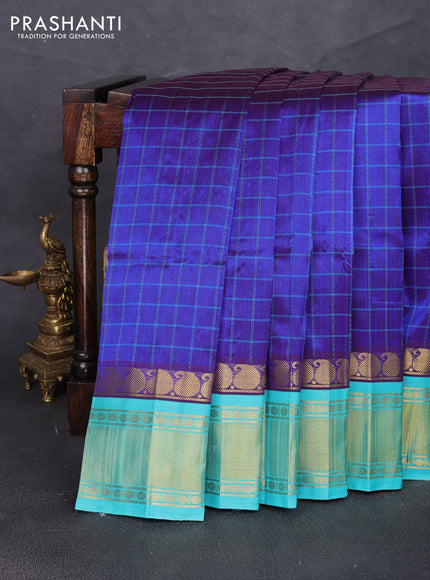 Silk cotton saree royal blue and teal blue with allover checked pattern and zari woven korvai border
