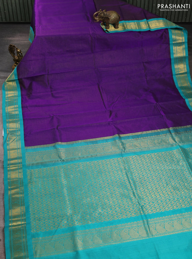 Silk cotton saree purple and teal blue with allover zari vairaosi pattern and zari woven korvai border