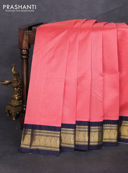 Silk cotton saree peach orange and navy blue with allover zari vairaosi pattern and zari woven korvai border