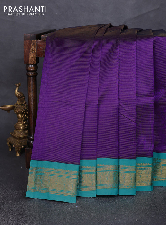 Silk cotton saree purple and teal blue with allover zari vairaosi pattern and zari woven korvai border