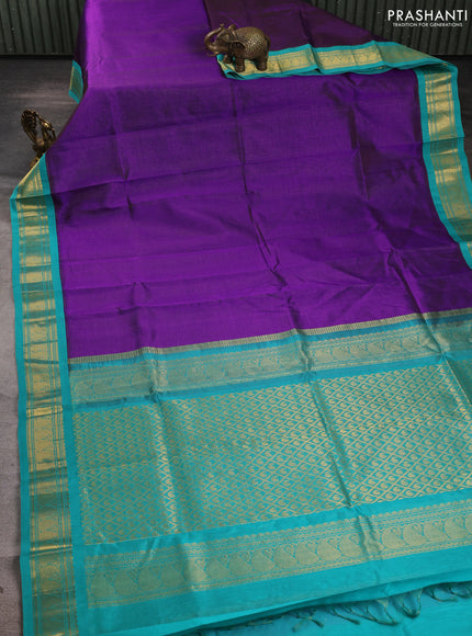 Silk cotton saree purple and teal blue with allover zari vairaosi pattern and zari woven korvai border