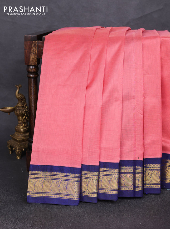 Silk cotton saree peach pink and navy blue with allover zari vairaosi pattern and zari woven korvai border