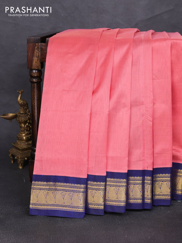 Silk cotton saree peach pink and navy blue with allover zari vairaosi pattern and zari woven korvai border