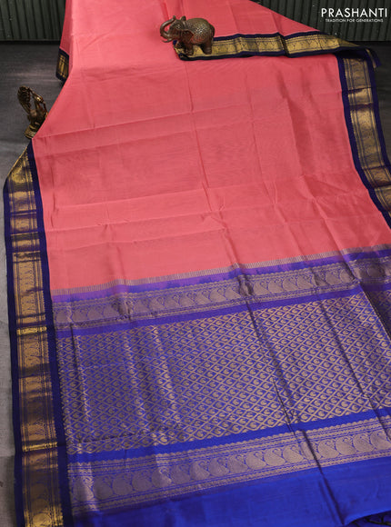 Silk cotton saree peach pink and navy blue with allover zari vairaosi pattern and zari woven korvai border