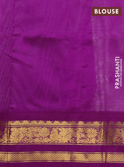 Silk cotton saree mild pista green and purple with plain body and zari woven korvai border