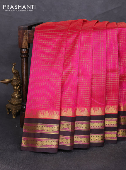 Silk cotton saree pink and coffee brown with allover zari checked pattern and temple design rettapet zari woven border