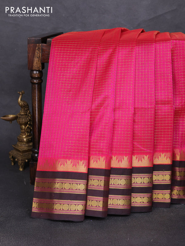Silk cotton saree pink and coffee brown with allover zari checked pattern and temple design rettapet zari woven border
