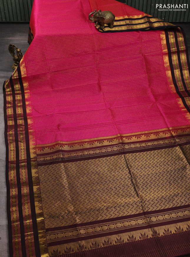 Silk cotton saree pink and coffee brown with allover zari checked pattern and temple design rettapet zari woven border