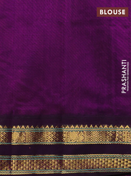 Silk cotton saree mustard yellow and purple with plain body and rettapet zari woven korvai border