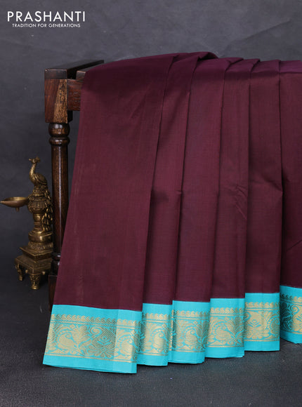 Silk cotton saree coffee brown and teal blue with plain body and zari woven korvai border