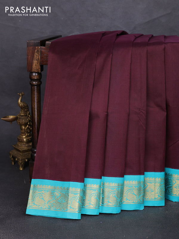 Silk cotton saree coffee brown and teal blue with plain body and zari woven korvai border