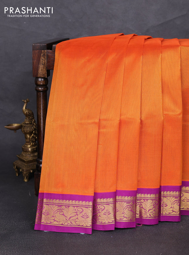 Silk cotton saree sunset orange and purple with plain body and zari woven korvai border
