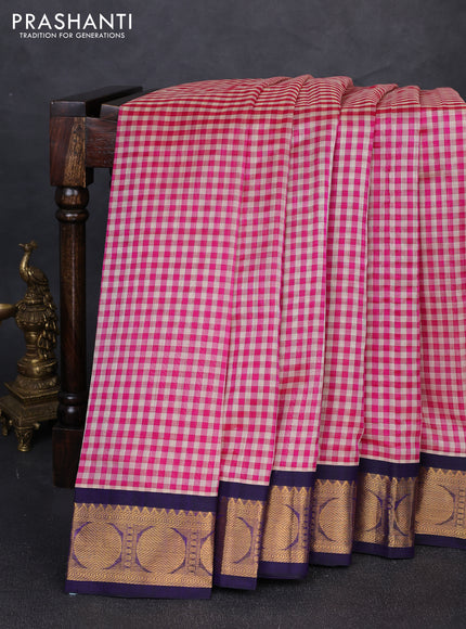 Silk cotton saree pink and blue with allover checked pattern and rudhraksha zarri woven border