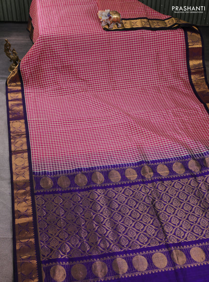 Silk cotton saree pink and blue with allover checked pattern and rudhraksha zarri woven border