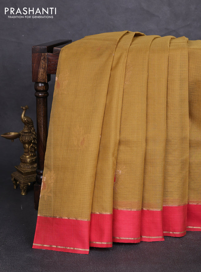 Pure zari kota silk saree mustard green and red with allover zari woven buttas and rettapet zari woven border