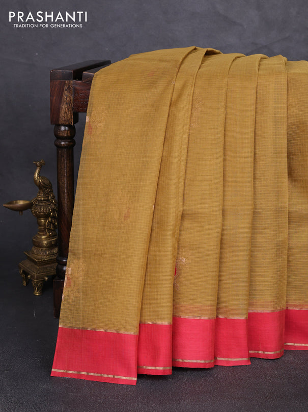Pure zari kota silk saree mustard green and red with allover zari woven buttas and rettapet zari woven border