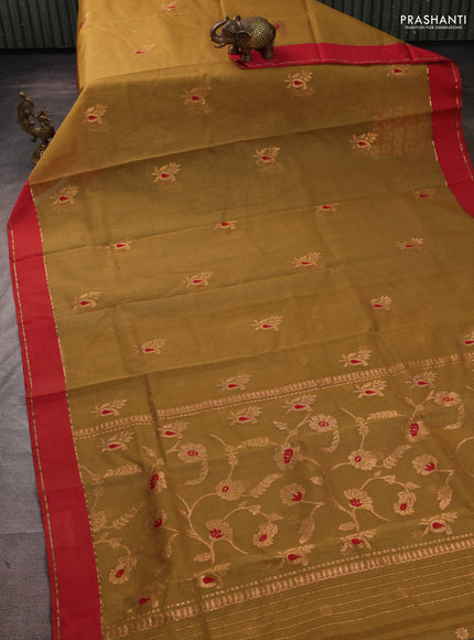 Pure zari kota silk saree mustard green and red with allover zari woven buttas and rettapet zari woven border
