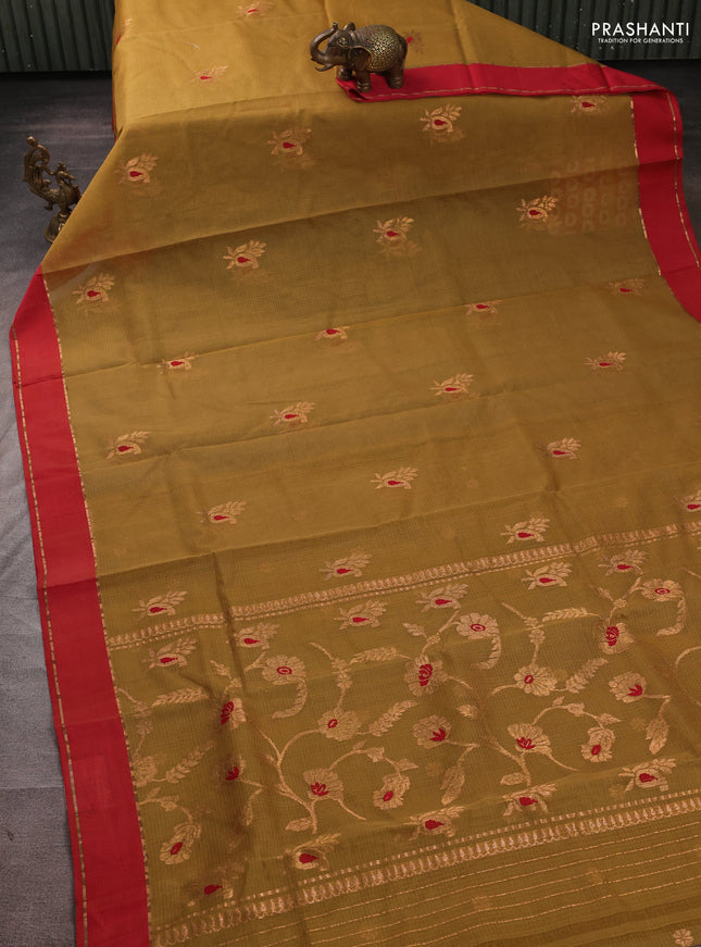 Pure zari kota silk saree mustard green and red with allover zari woven buttas and rettapet zari woven border