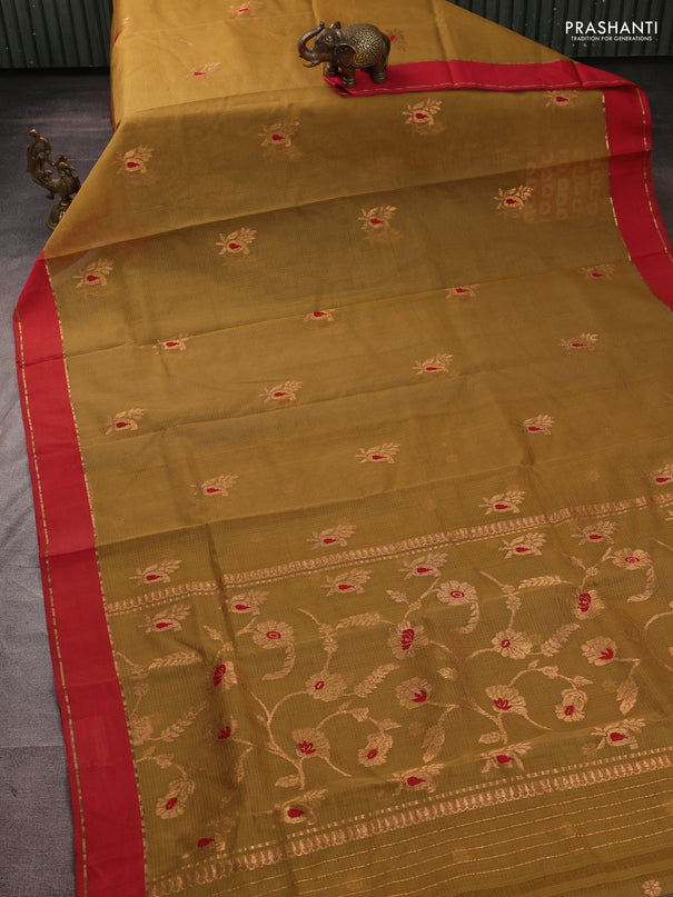 Pure zari kota silk saree mustard green and red with allover zari woven buttas and rettapet zari woven border