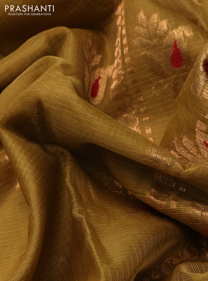 Pure zari kota silk saree mustard green and red with allover zari woven buttas and rettapet zari woven border