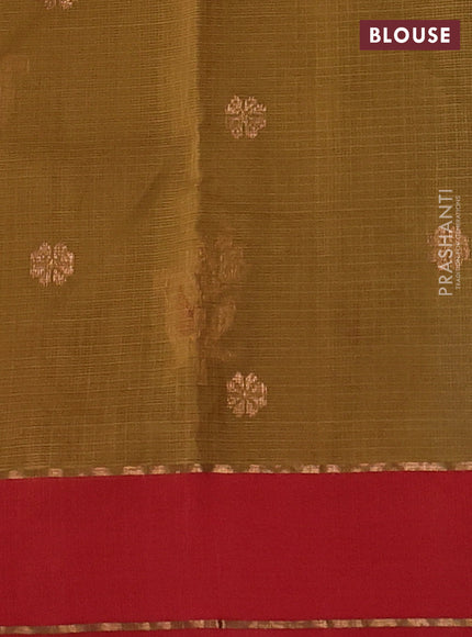 Pure zari kota silk saree mustard green and red with allover zari woven buttas and rettapet zari woven border