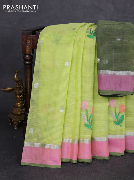 Pure zari kota silk saree pista green and pink with allover silver & thread woven buttas and zari woven simple border