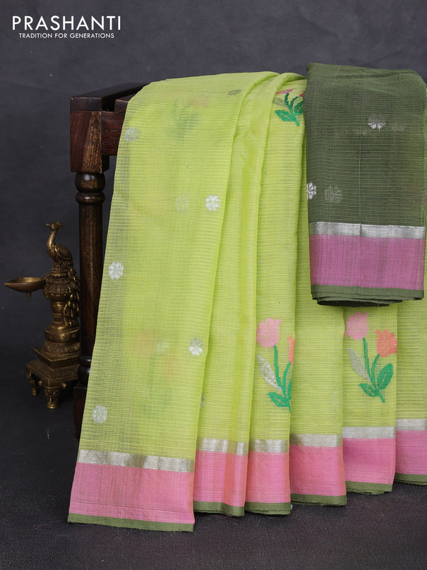 Pure zari kota silk saree pista green and pink with allover silver & thread woven buttas and zari woven simple border